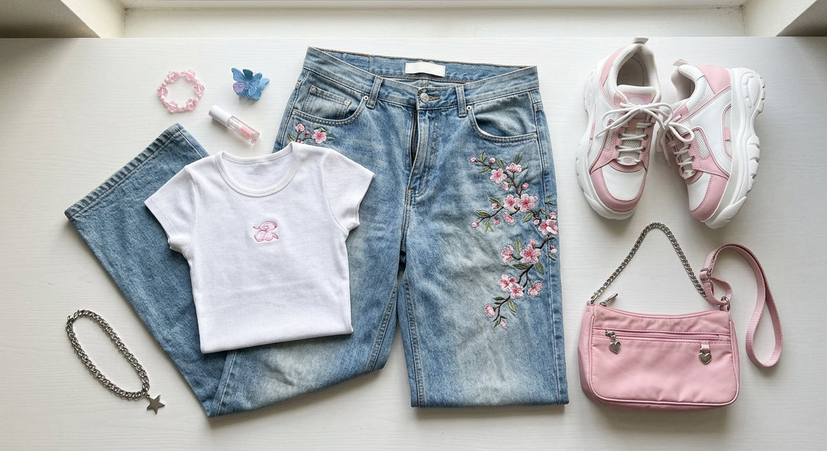 Y2K wardrobe flat lay with baggy jeans baby tee and platform shoes