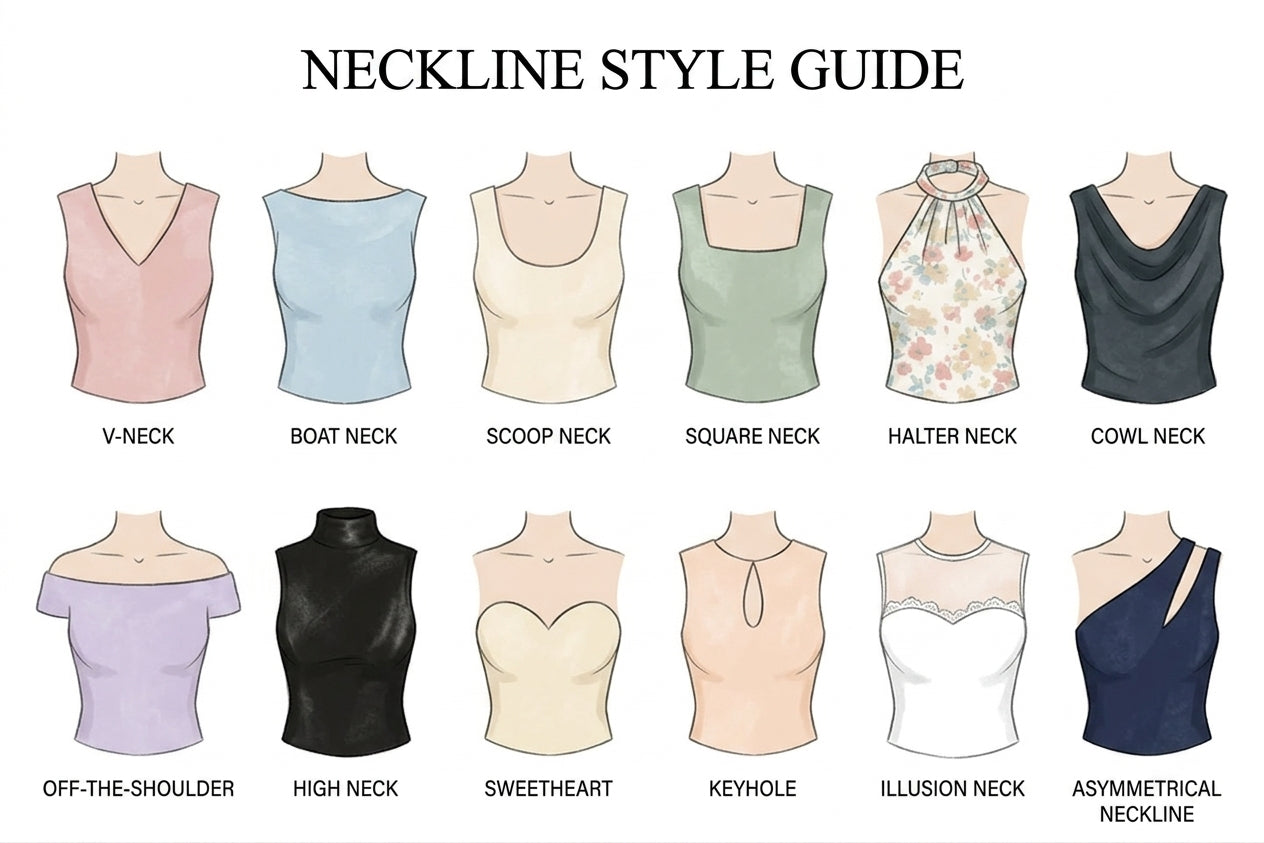 Neckline style guide chart showing V-neck, boat neck, scoop neck, square neck, halter neck, cowl neck, off-the-shoulder, high neck, sweetheart, keyhole, illusion neck, and asymmetrical neckline tops