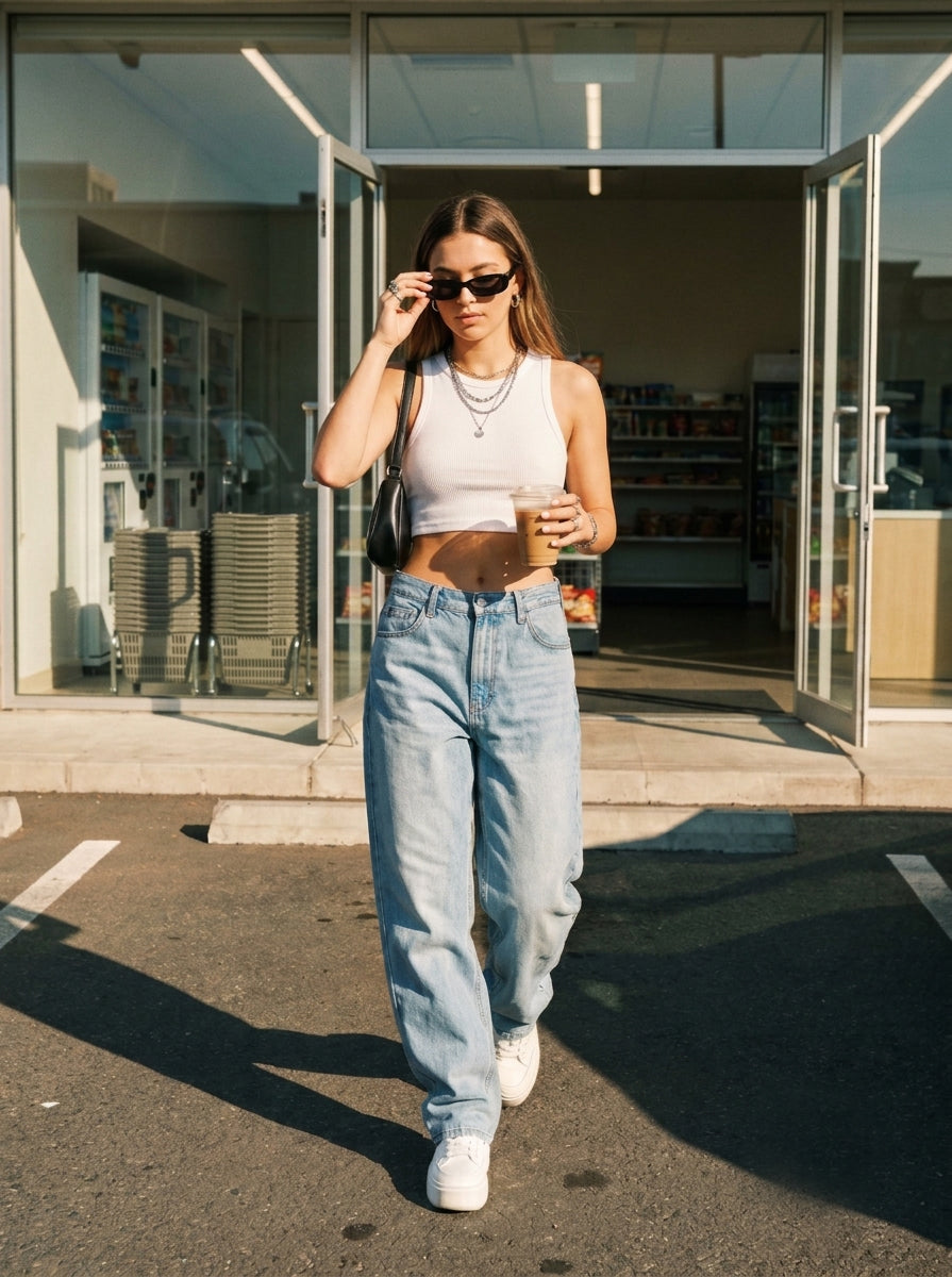 A women walking out a store while holding a drink and wearing a crop top from qunzy studio store