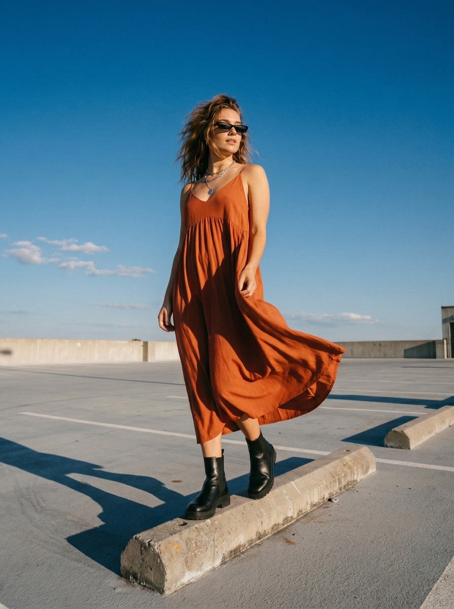 A women standing on a roof while wearing orange linen midi dress from qunzy studio store