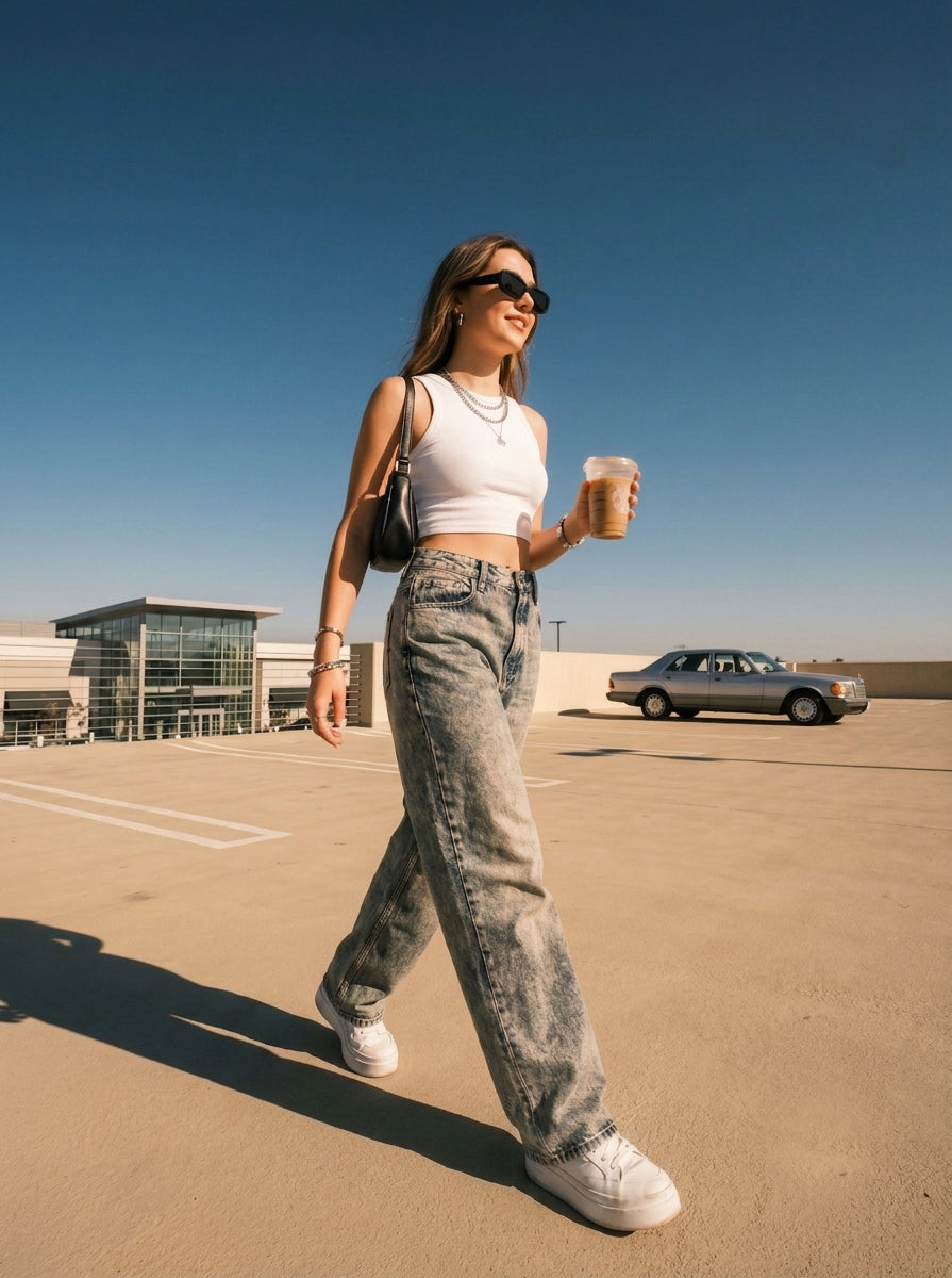 A women walking through a parking lot while holding a drink and wearing sunglasses, a crop top, and jeans. As part of qunzy studio campaign