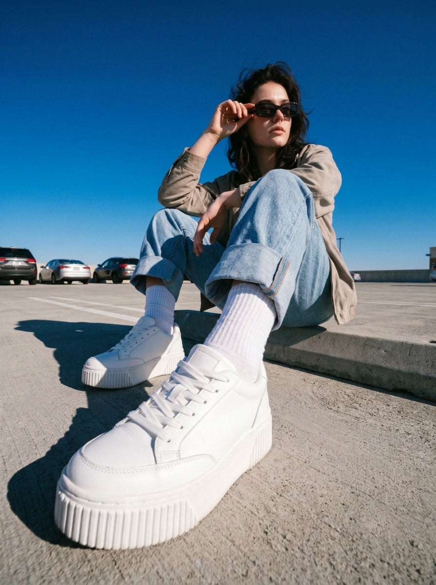 a low shot angle to a women while displaying a white sneakers from qunzy studio store
