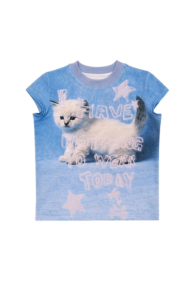 Camiseta corta de bebé de cuello redondo con diseño de gato bonito para el verano
