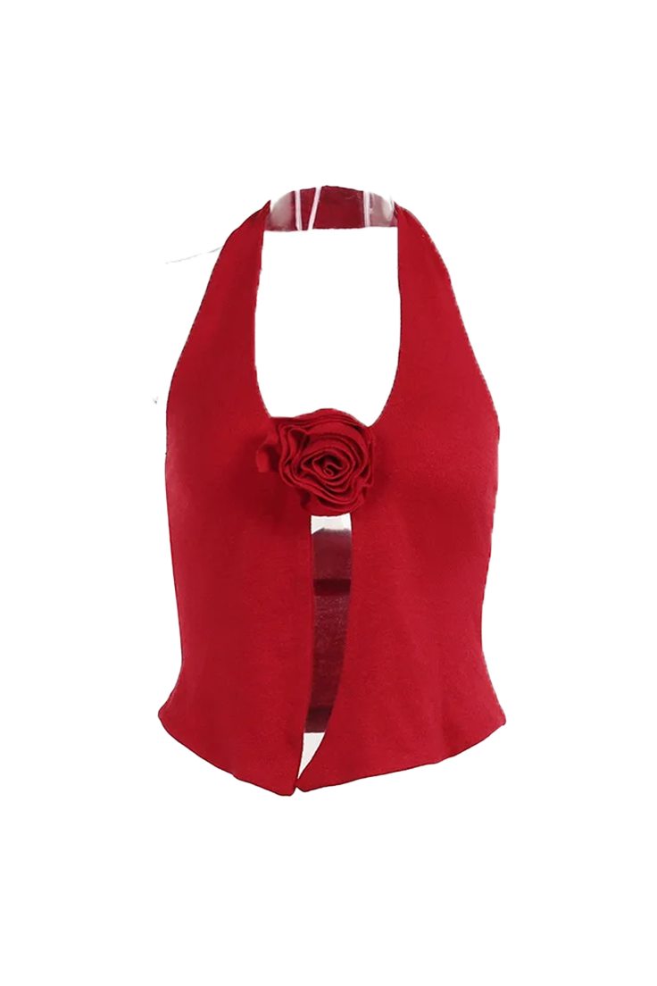 Red Floral V-Neck Halter Top