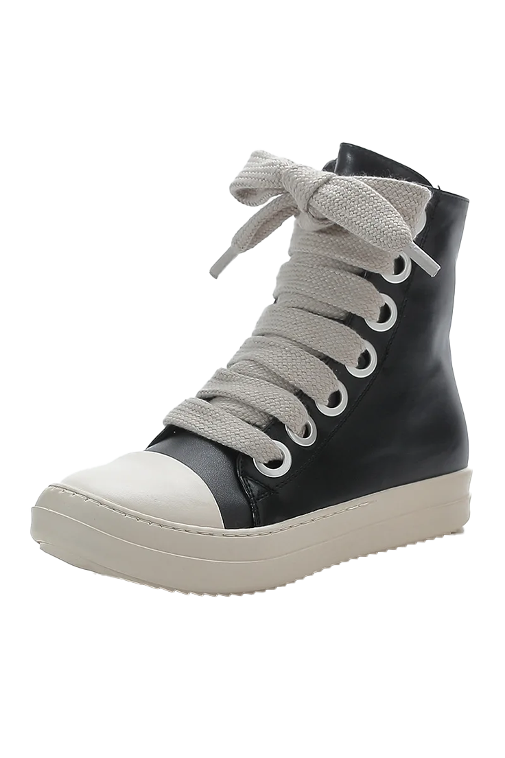 Black Leather Lace Up Casual Thick Bottom Sneakers
