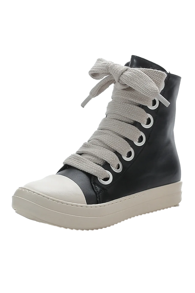 Black Leather Lace Up Casual Thick Bottom Sneakers