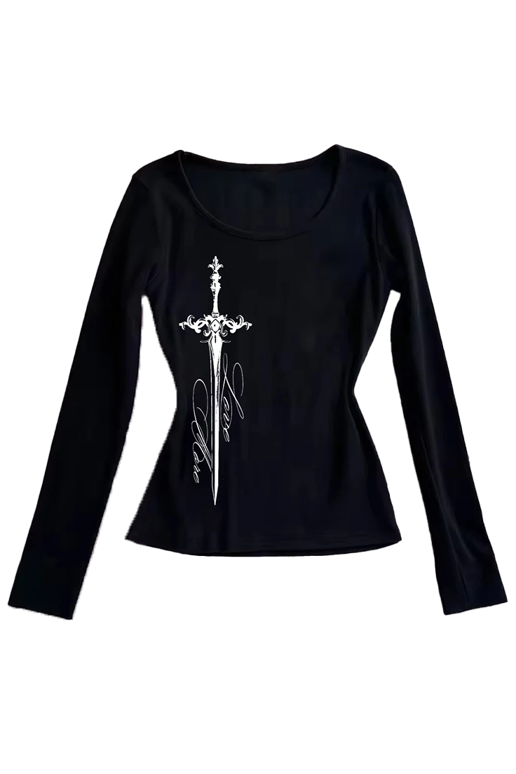 Grunge Aesthetic Letter Sword Long Sleeve Top
