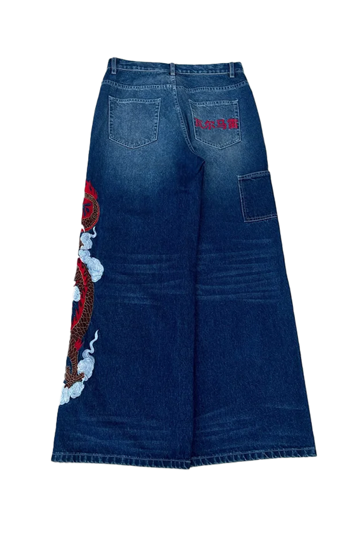 Red Dragon Embroidery Wide Leg Jeans