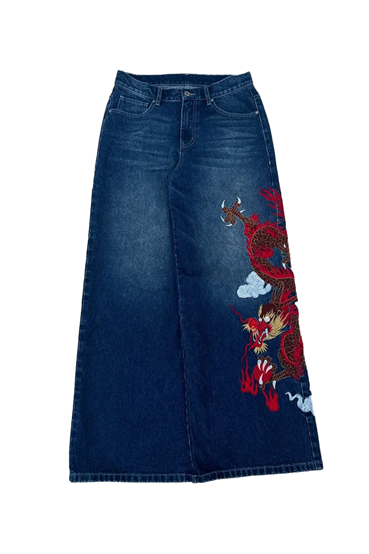 Red Dragon Embroidery Wide Leg Jeans