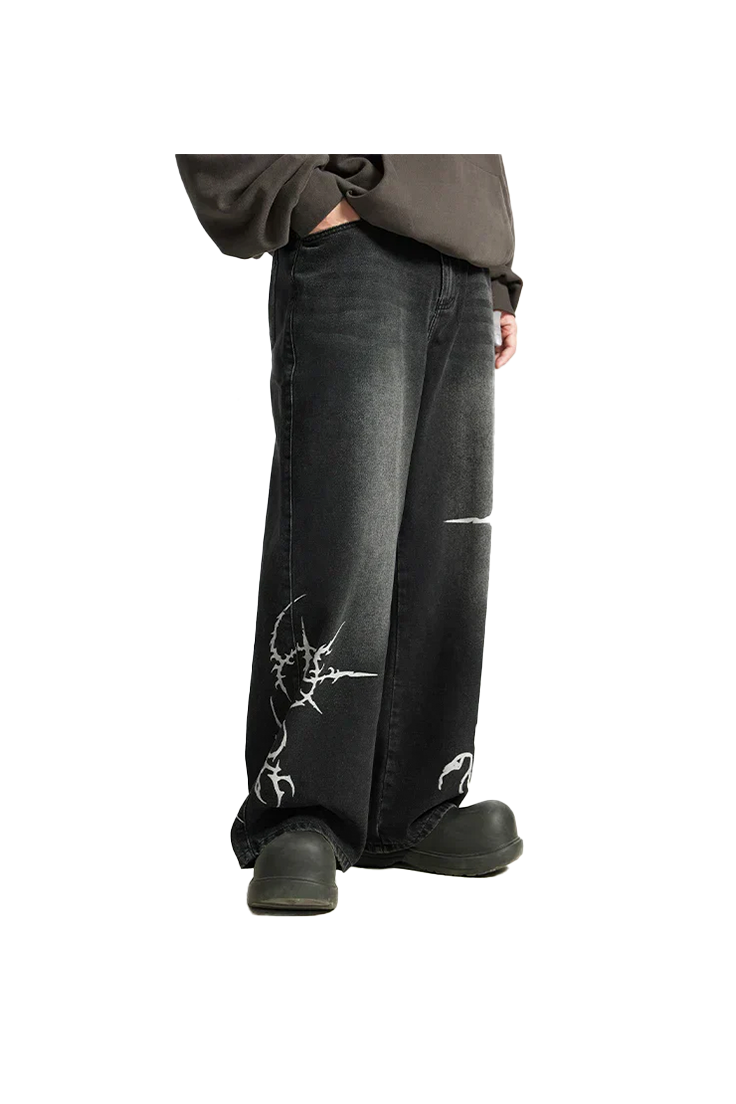 Black Print Denim Straight Leg Jeans