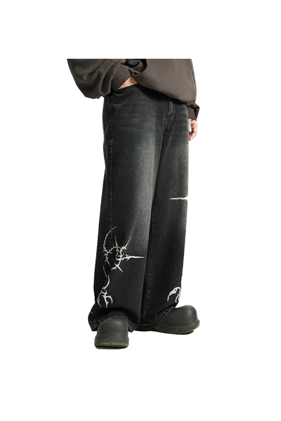 Black Print Denim Straight Leg Jeans