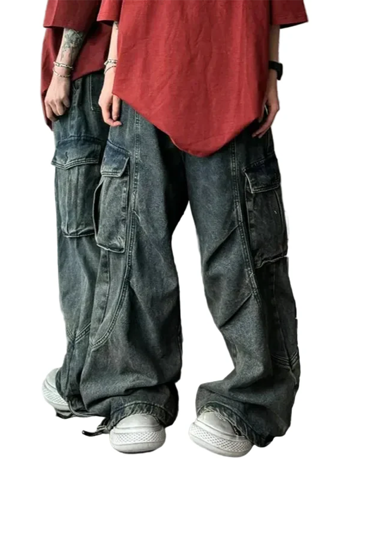 High Waist Straight Blue Cargo Jeans