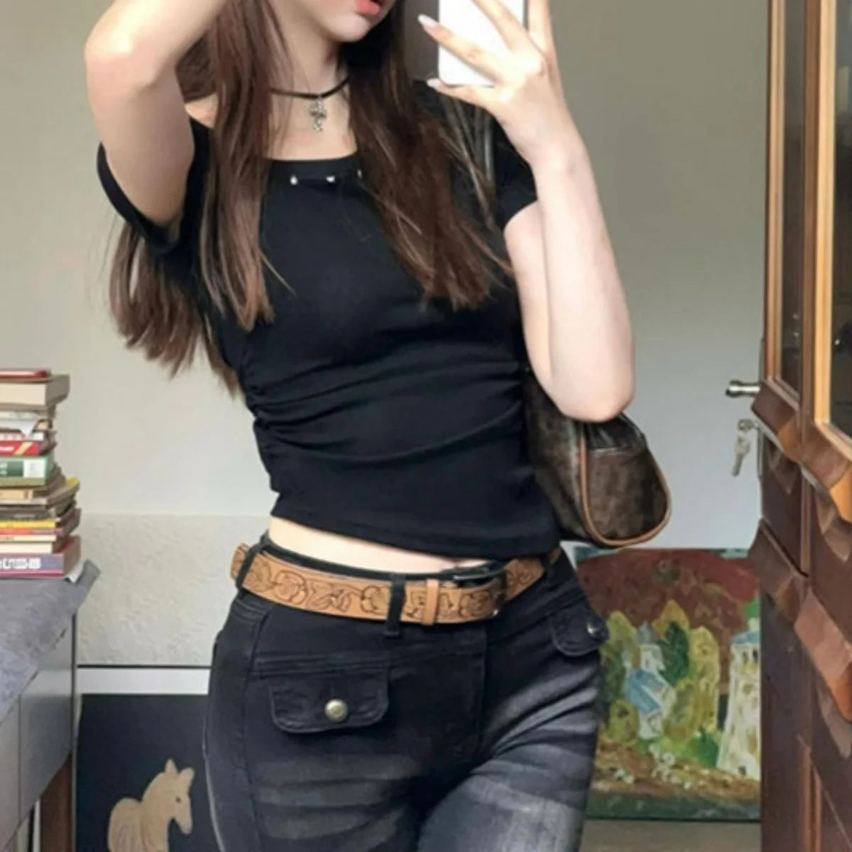 Y2k One Shoulder Solid Black Crop Top