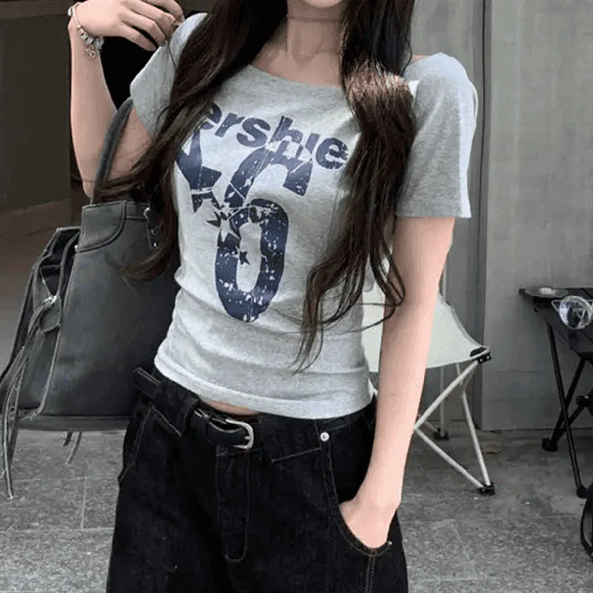 Y2K Vintage schulterfreies bedrucktes Crop Top