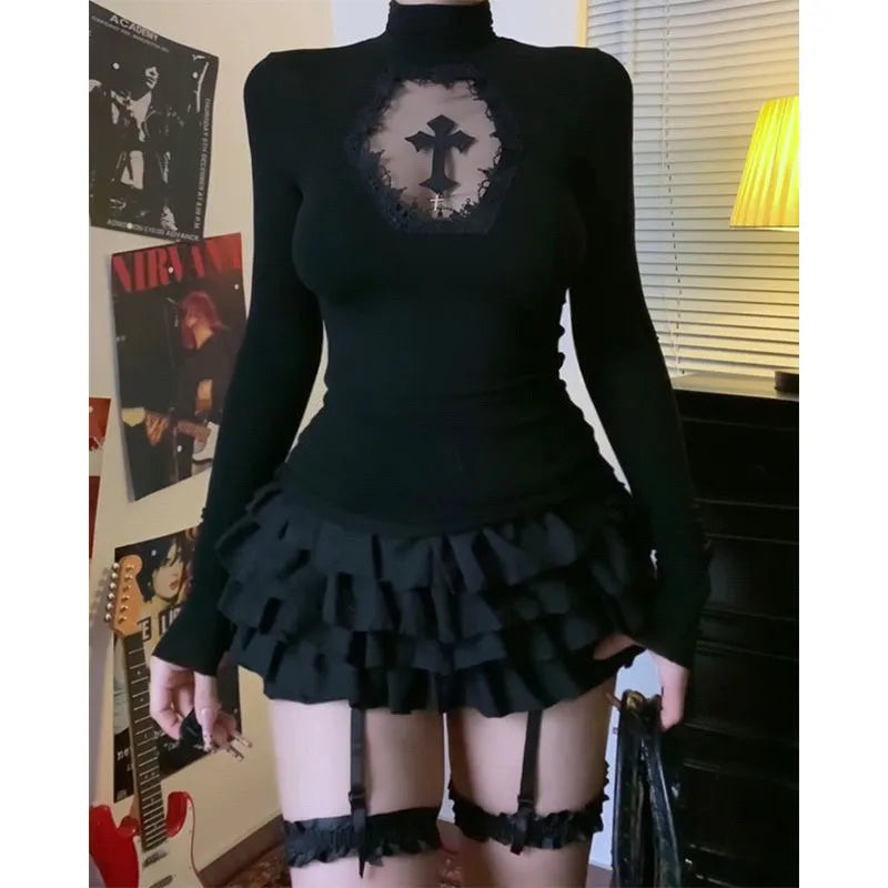 Turtleneck Gothic Dark Hollow Out Tops