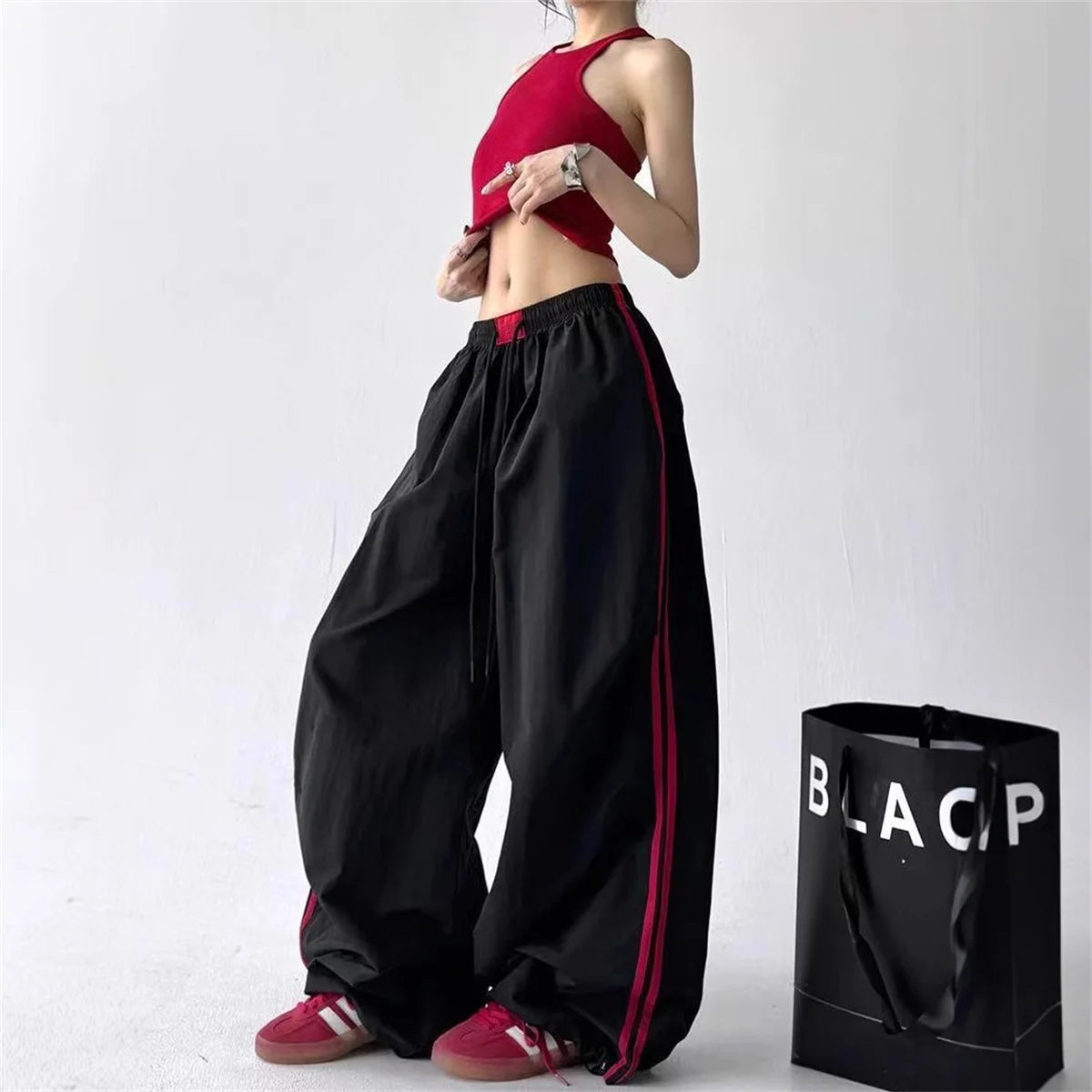 High Waisted Loose Red Stripped Pants