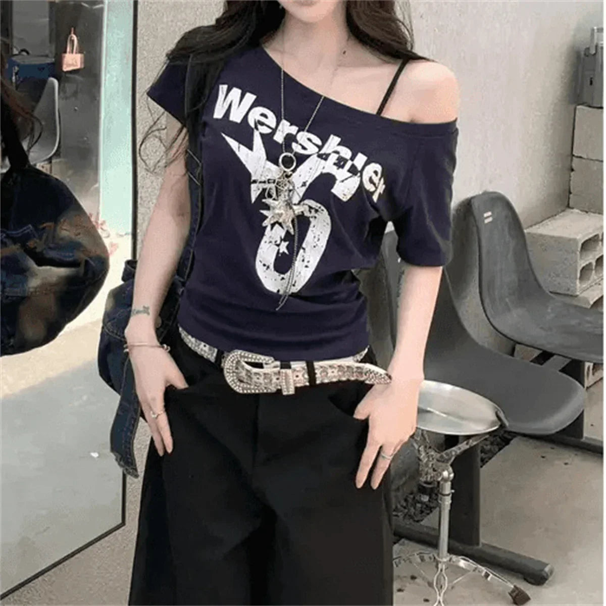 Y2K Vintage schulterfreies bedrucktes Crop Top