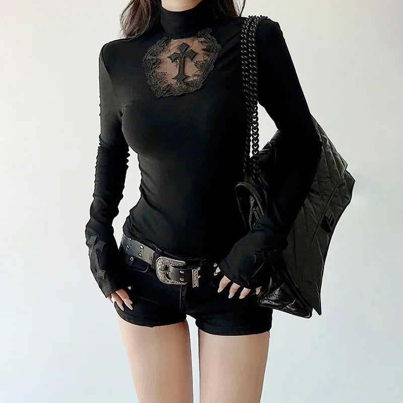 Turtleneck Gothic Dark Hollow Out Tops