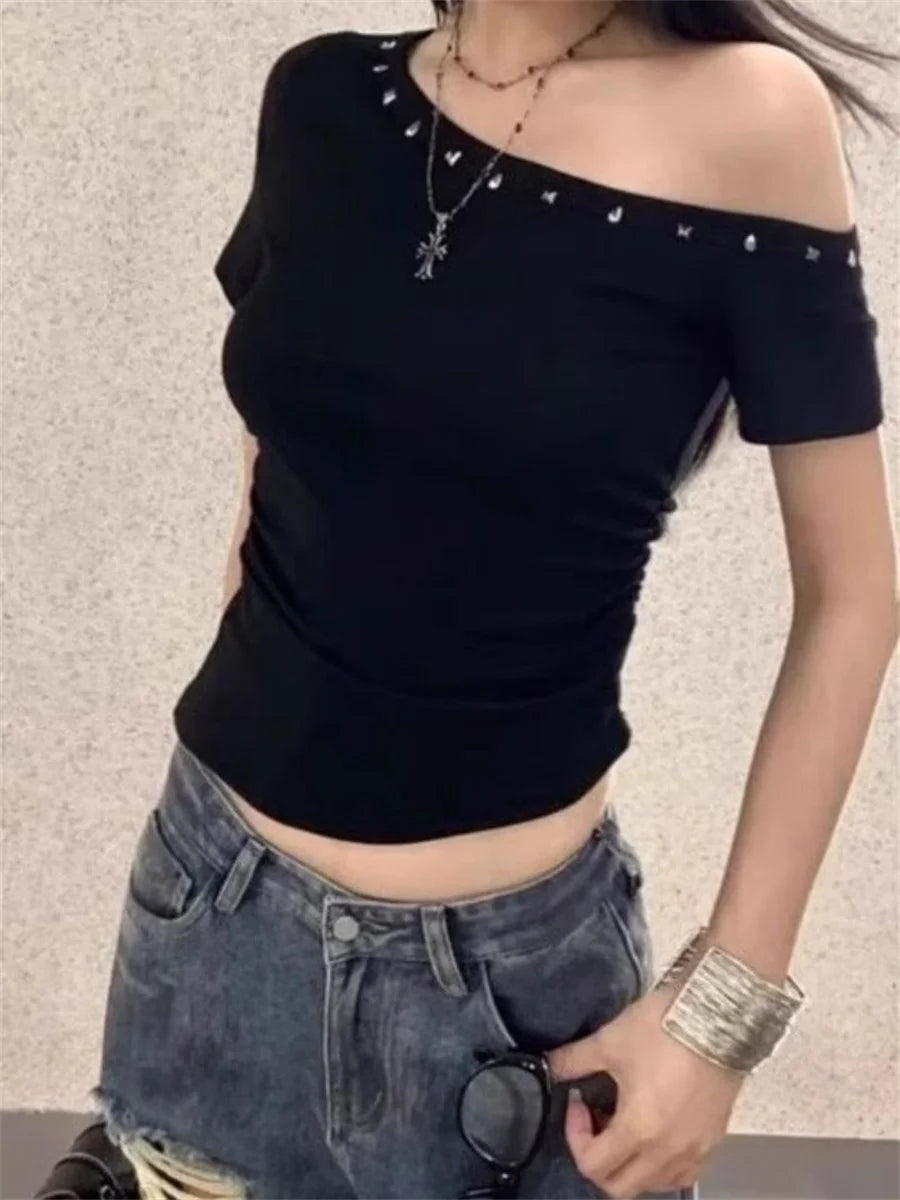 Y2k One Shoulder Solid Black Crop Top