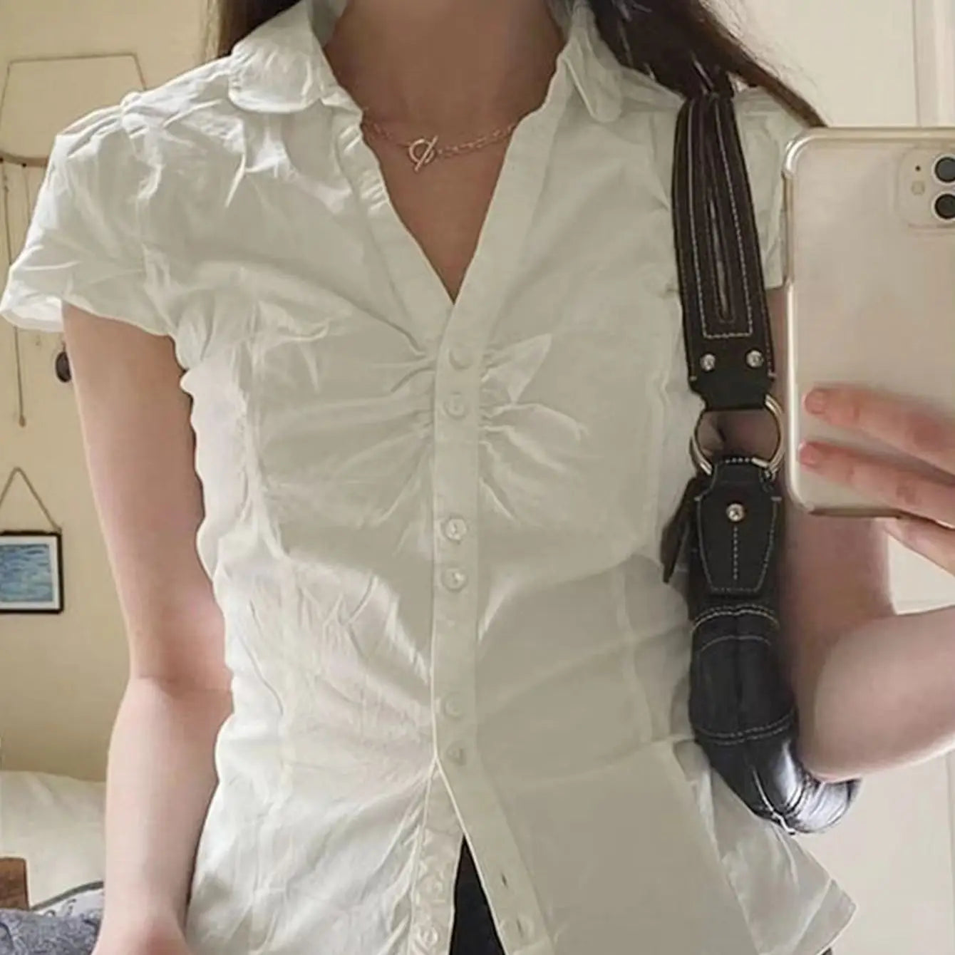 Summer Kawaii Solid Shirring Shirt