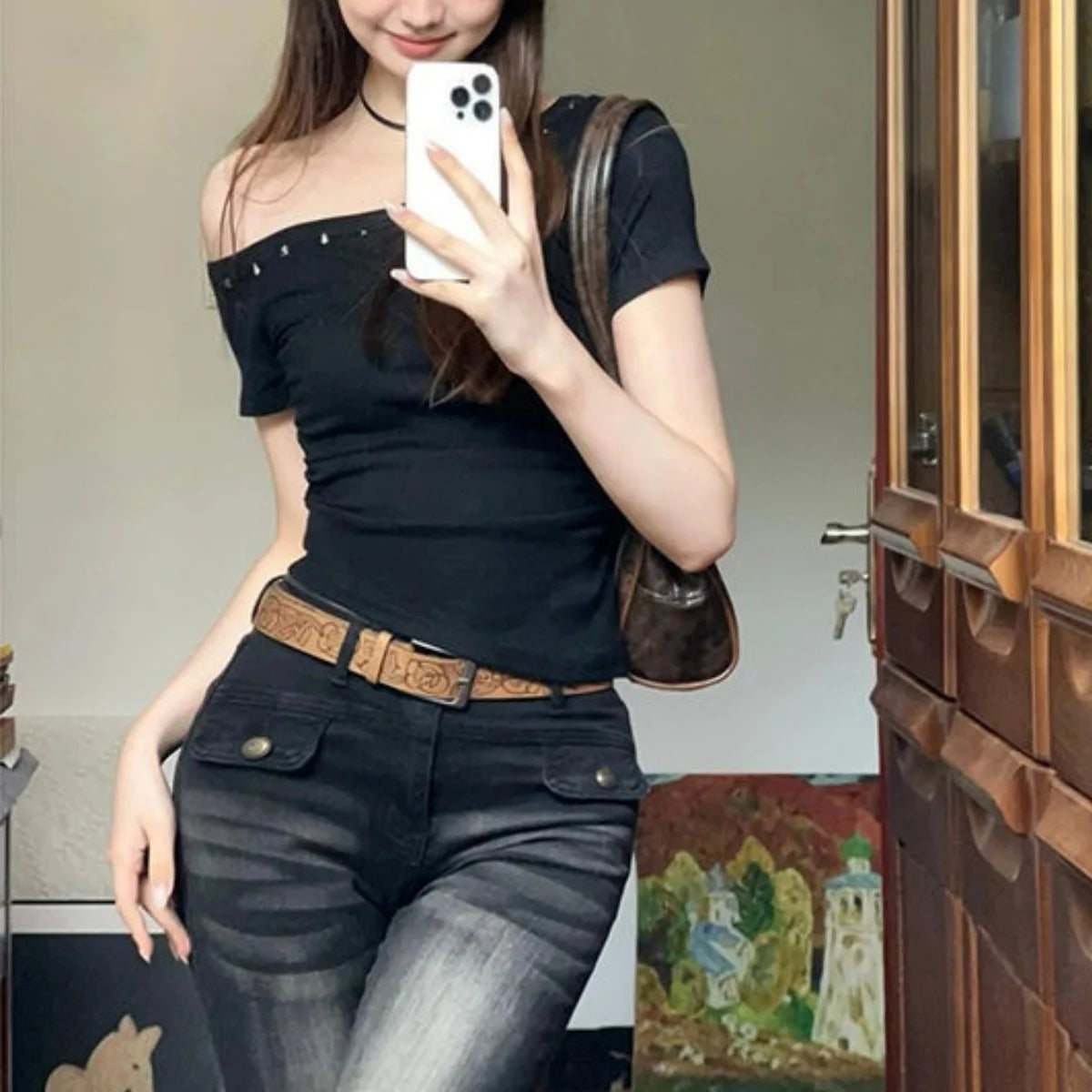 Y2k One Shoulder Solid Black Crop Top