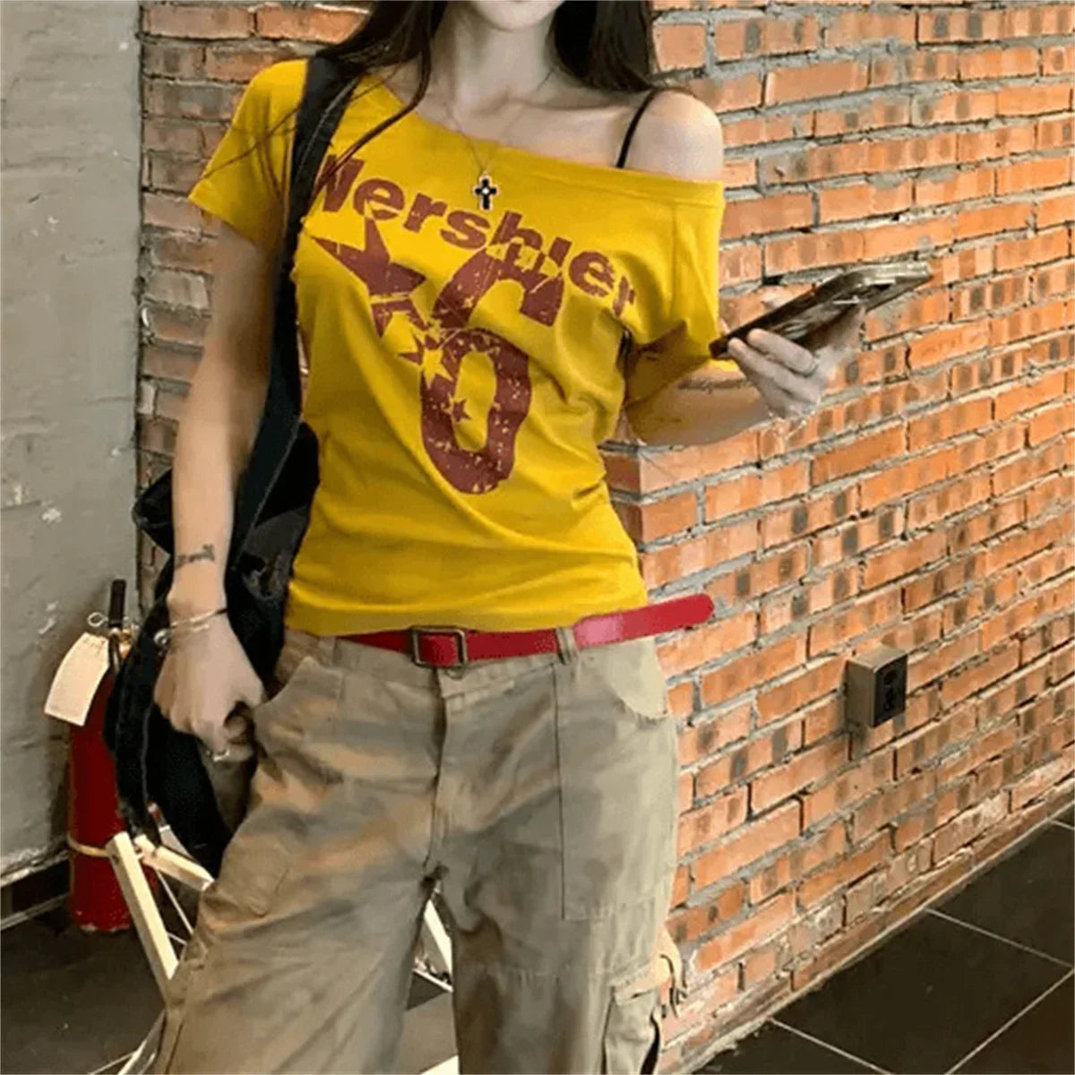 Y2K Vintage schulterfreies bedrucktes Crop Top