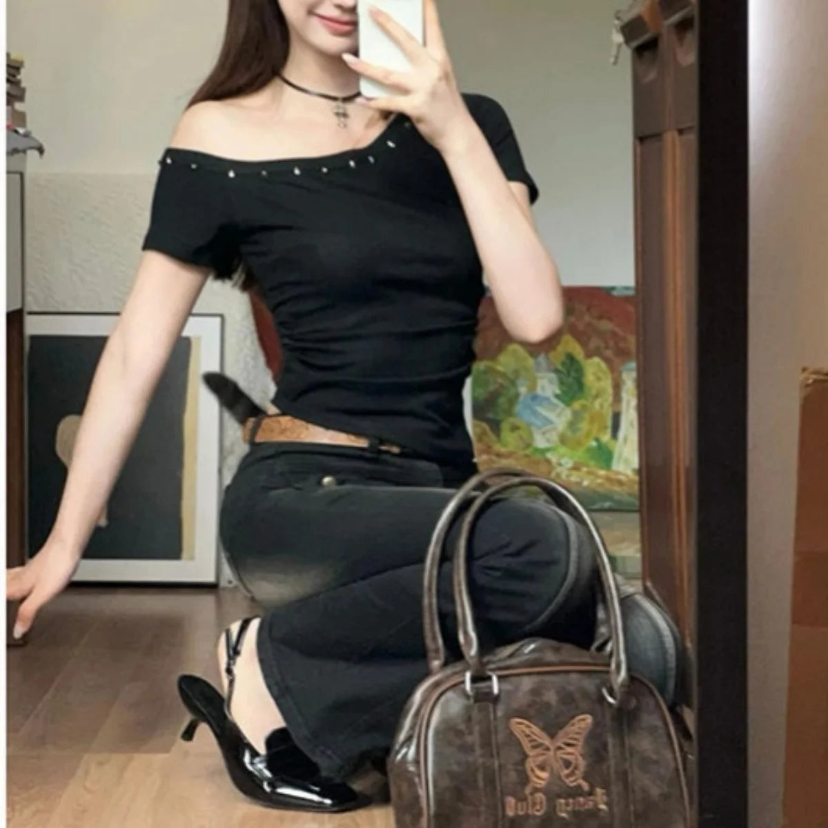Y2k One Shoulder Solid Black Crop Top
