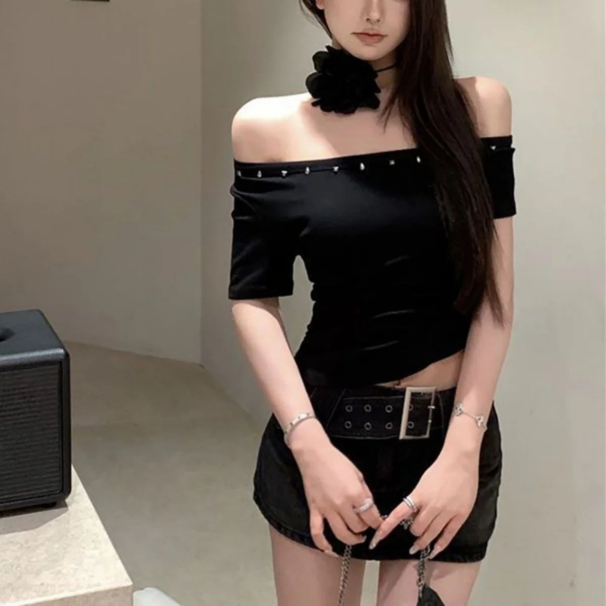 Y2k One Shoulder Solid Black Crop Top