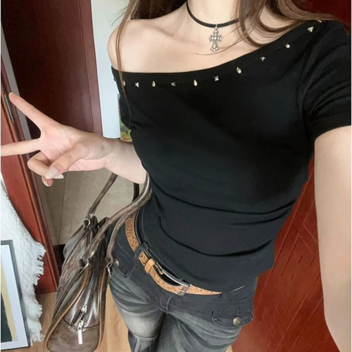 Y2k One Shoulder Solid Black Crop Top
