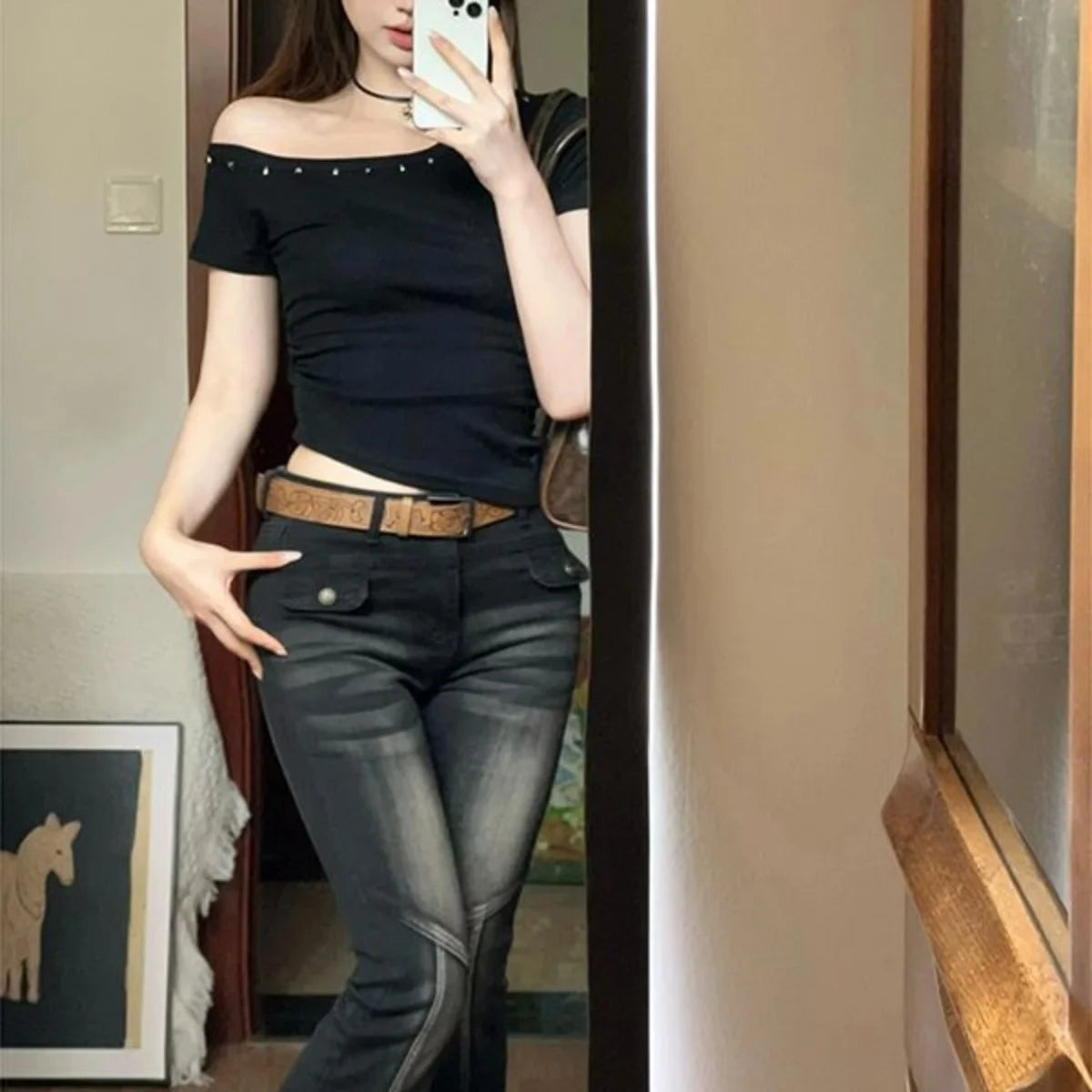 Y2k One Shoulder Solid Black Crop Top