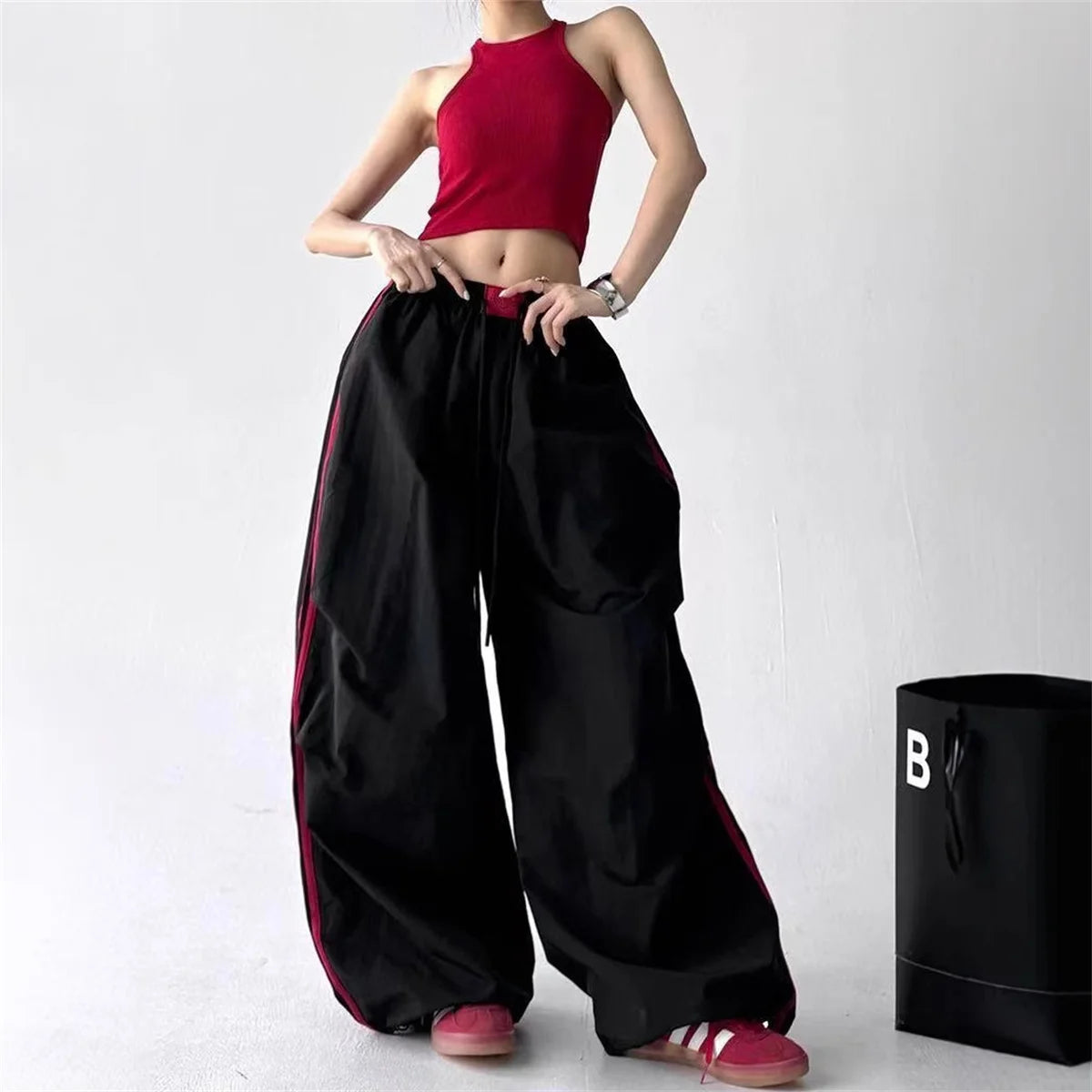 High Waisted Loose Red Stripped Pants