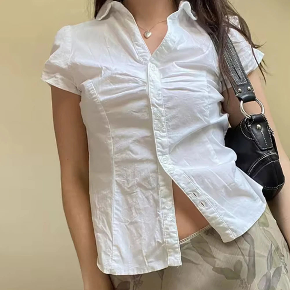 Summer Kawaii Solid Shirring Shirt
