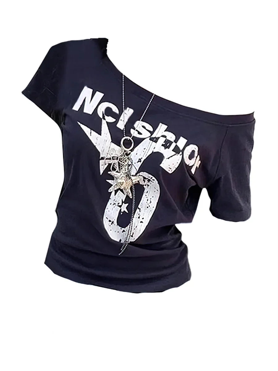 Y2K Vintage schulterfreies bedrucktes Crop Top
