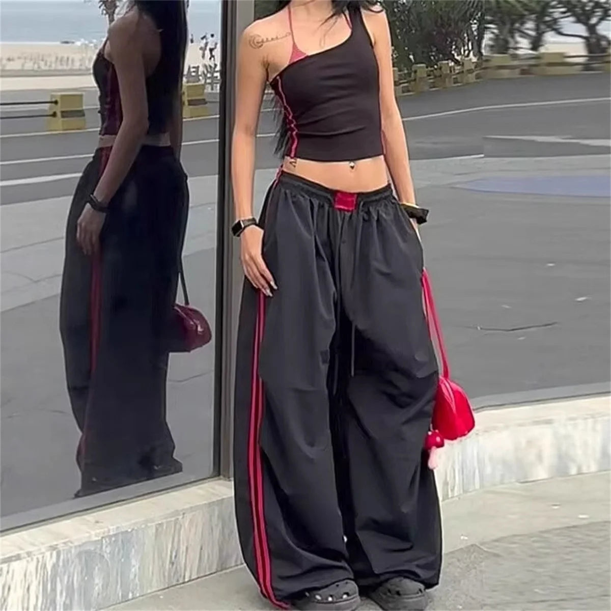 High Waisted Loose Red Stripped Pants