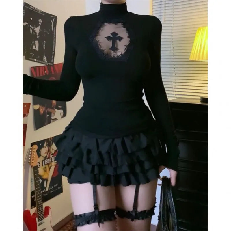 Turtleneck Gothic Dark Hollow Out Tops