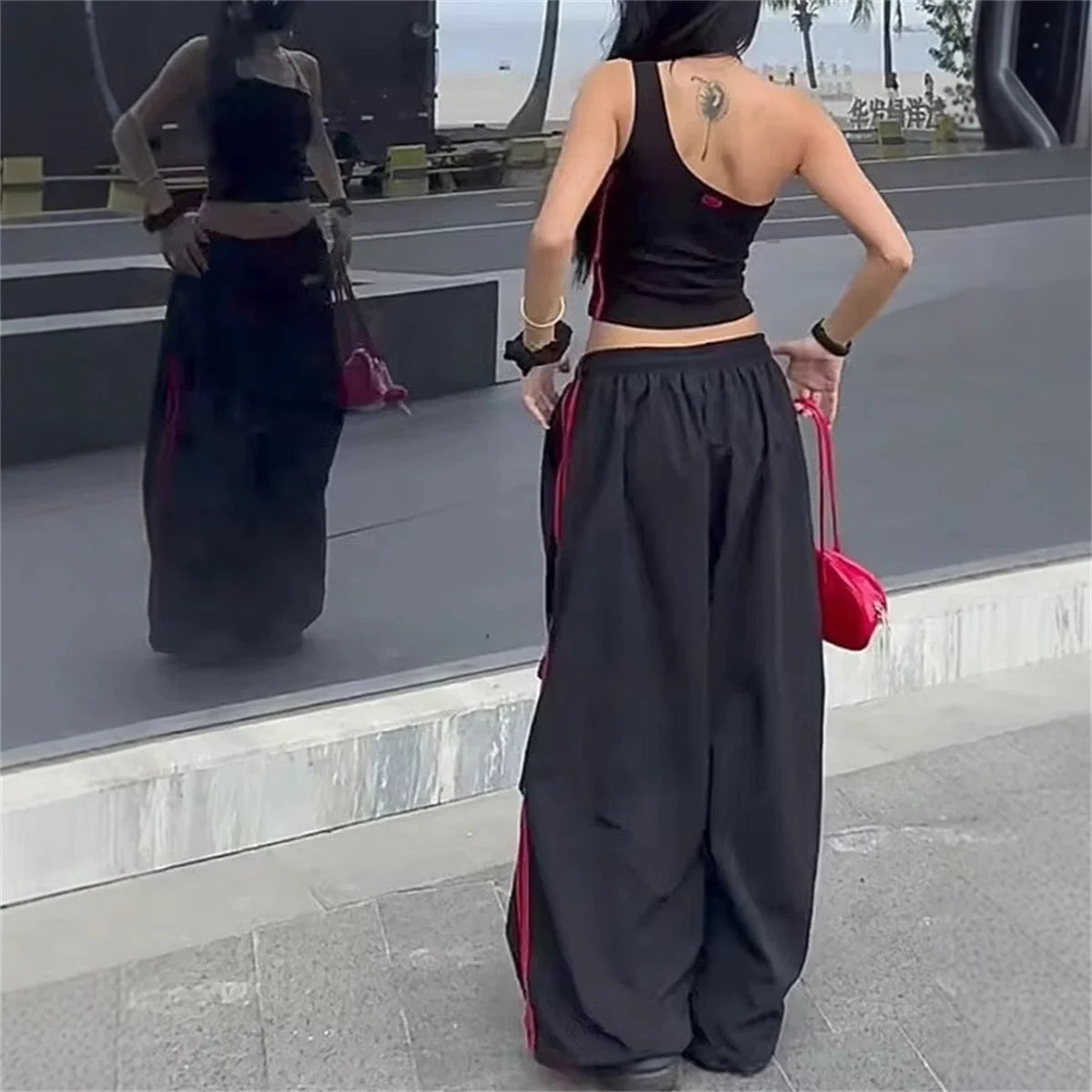 High Waisted Loose Red Stripped Pants