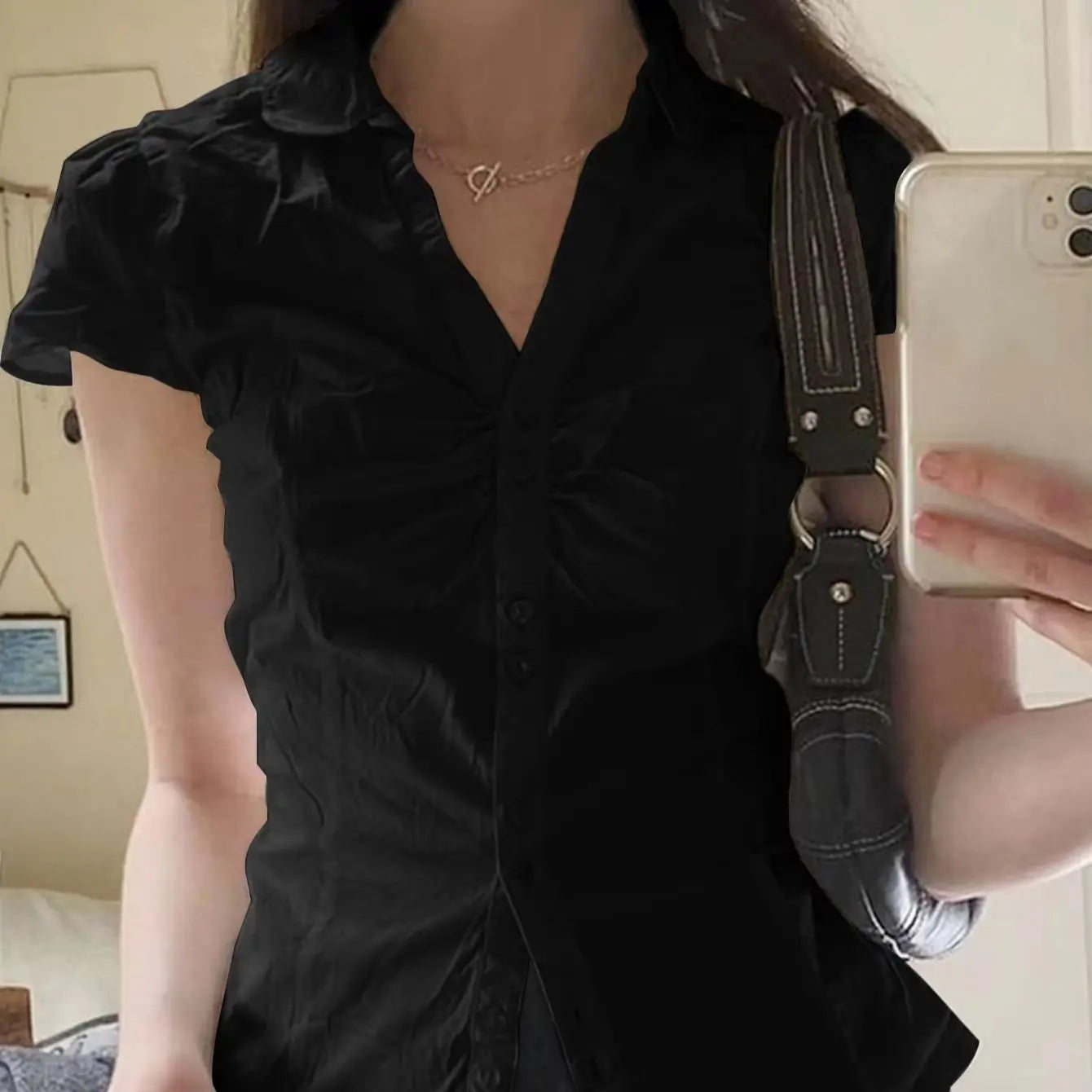 Summer Kawaii Solid Shirring Shirt