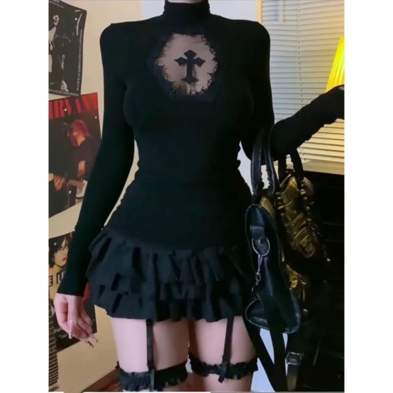 Turtleneck Gothic Dark Hollow Out Tops