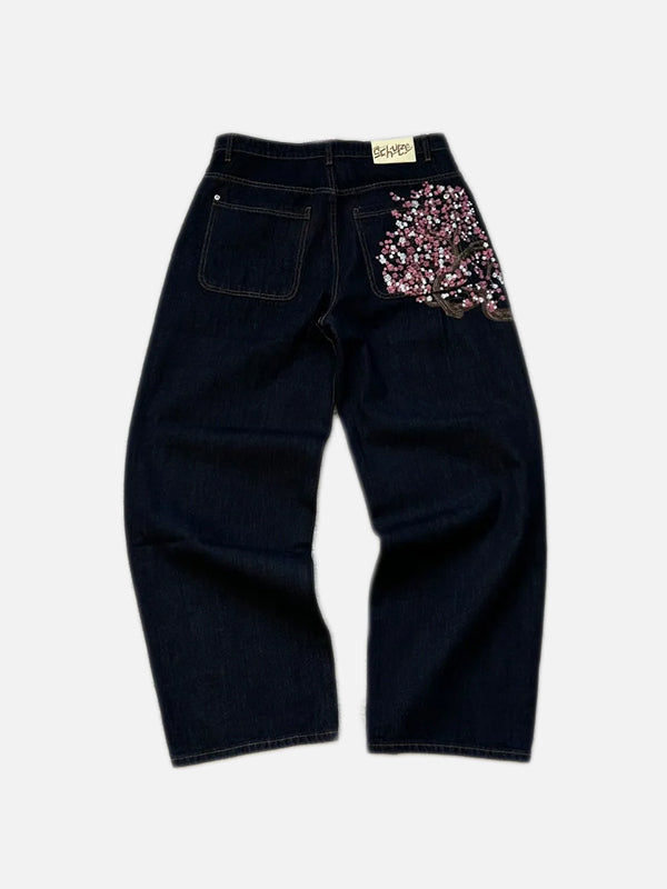 Y2K Low Rise Jeans mit Kirschblütenstickerei