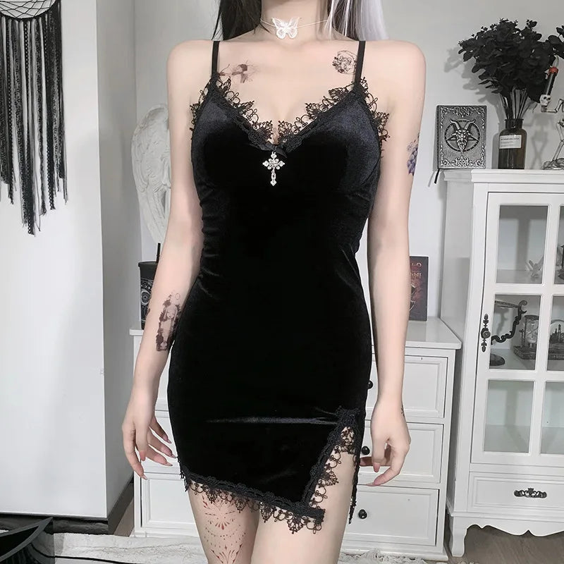 Y2K Goth Cross Black Mini Dress