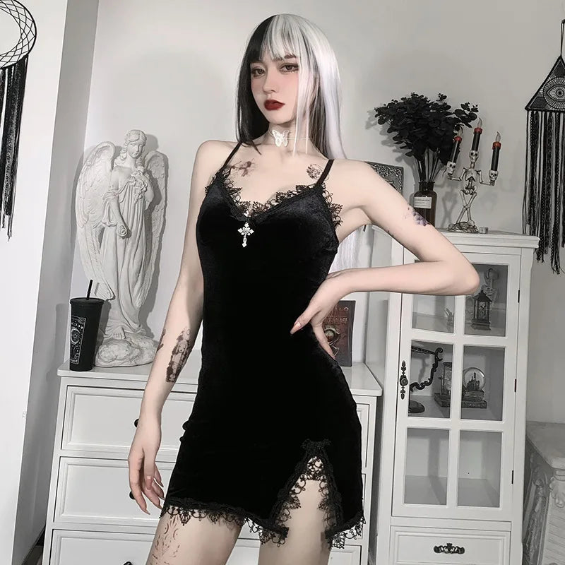 Y2K Goth Cross Black Mini Dress