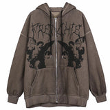 Vintage Angel Print Zip-Up Oversized Hoodie Shirt