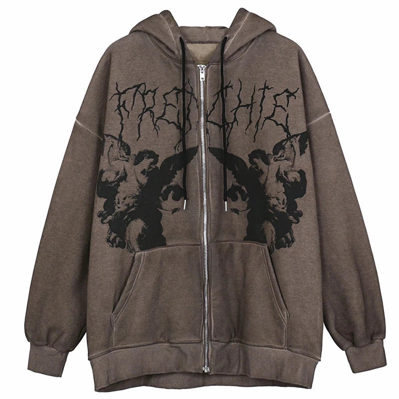 Vintage Angel Print Zip-Up Oversized Hoodie Shirt