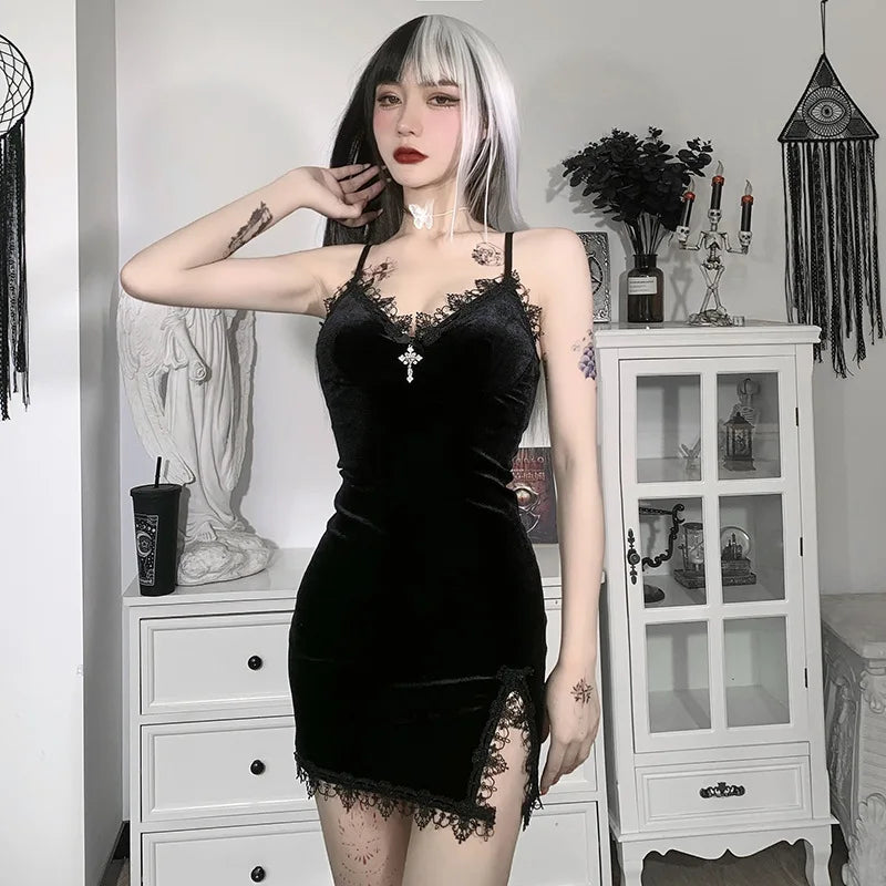 Y2K Goth Cross Black Mini Dress