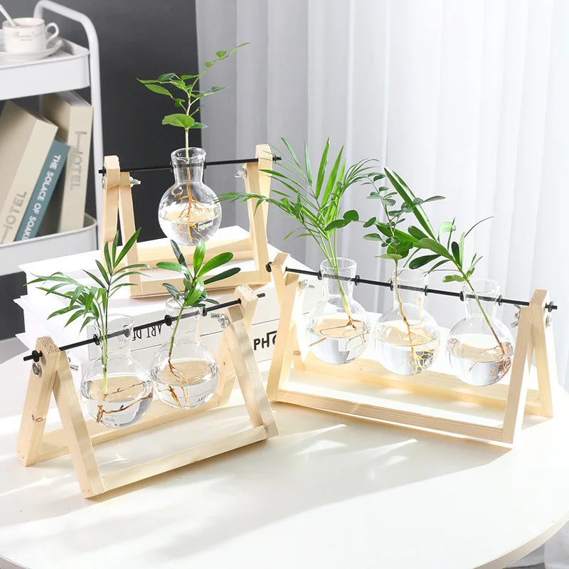 Vintage Transparent Vase Wooden Frame Vase
