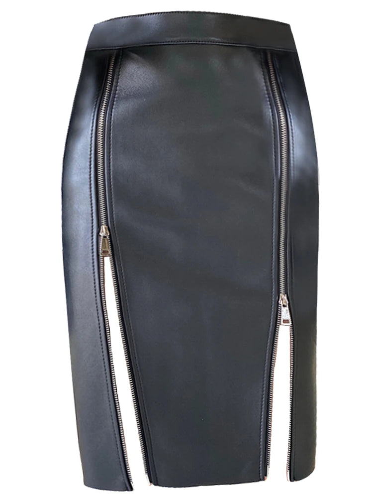 Double Slit Zipper High Waist Leather Midi Skirt