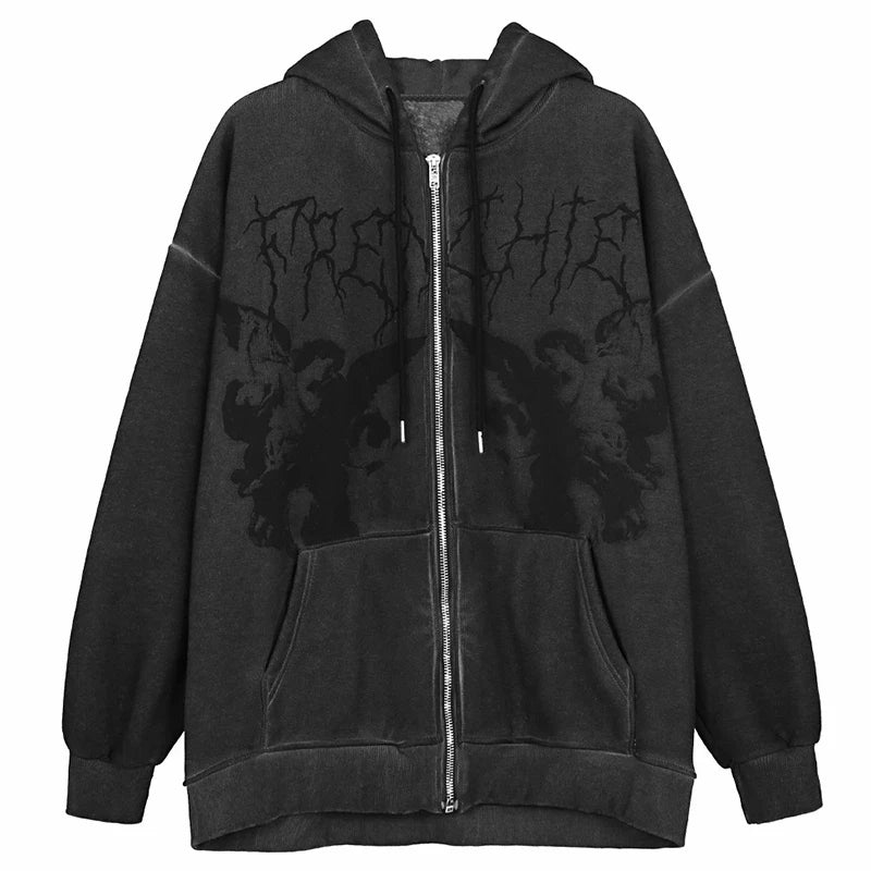 Vintage Angel Print Zip-Up Oversized Hoodie Shirt