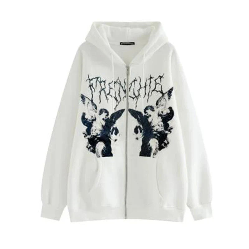 Vintage Angel Print Zip-Up Oversized Hoodie Shirt