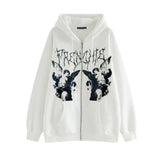 Vintage Angel Print Zip-Up Oversized Hoodie Shirt