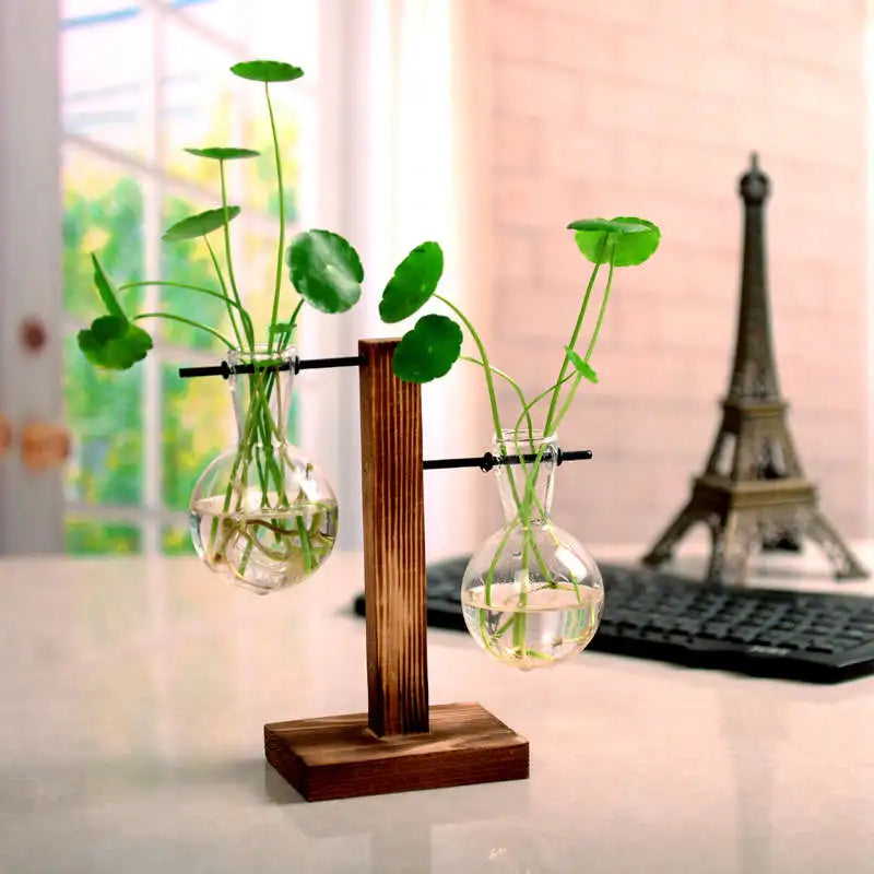 Vintage Transparent Vase Wooden Frame Vase